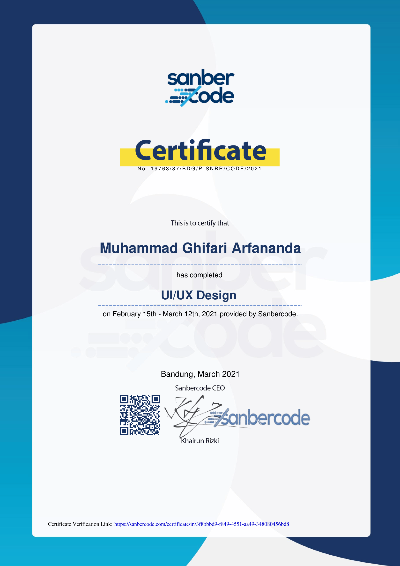 SanberCode UI/UX Design Bootcamp certificate from SanberCode